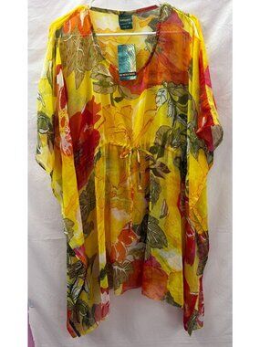 Sunflower Women's Free Size Yellow Tropical Floral & Leaf Sheer Tunic NWT